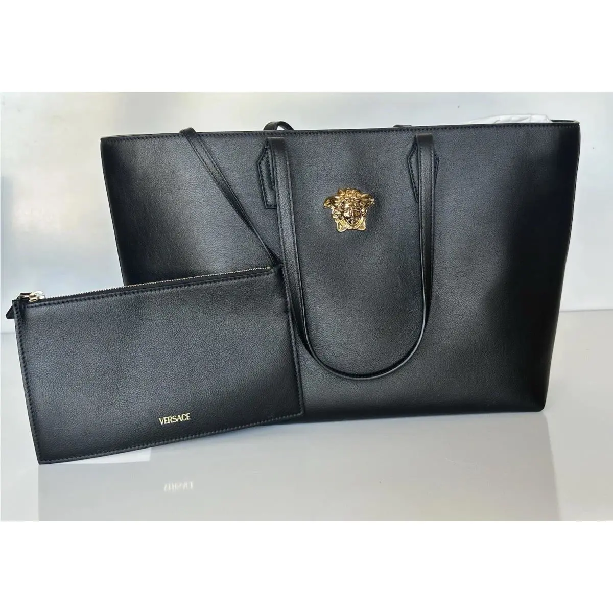 Versace Gold Medusa Calf Leather Black Tote Bag 1015533 Italy