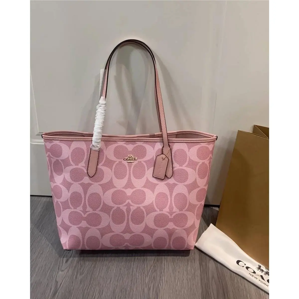 City Tote Bag Signature Canvas Powder Pink CAL49 Outlet by Coach