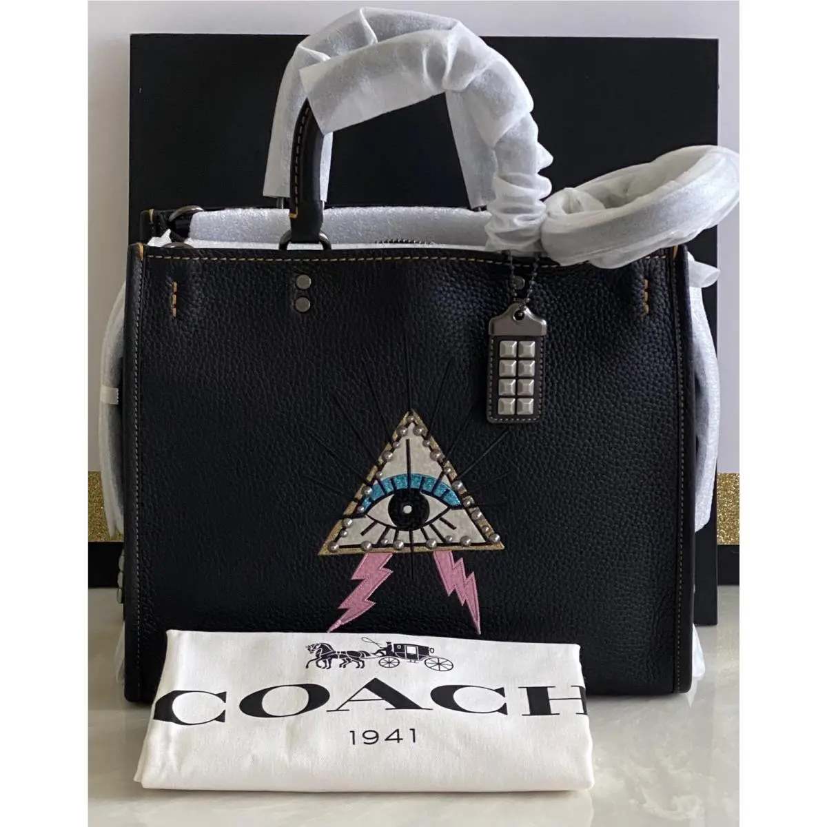 Coach 1941 Black Leather Rogue 30 Pyramid Eye Satchel Bag 46811