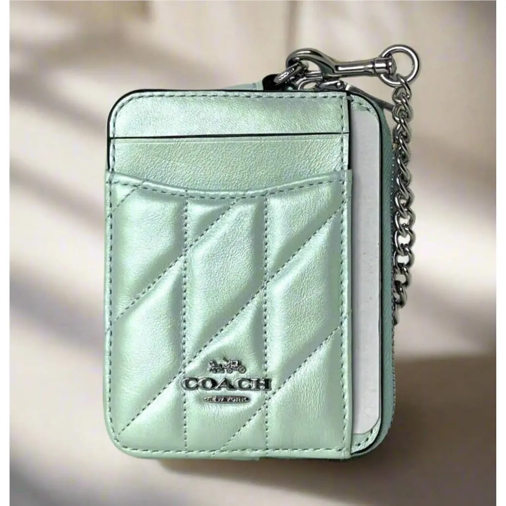 Coach CBL77 Quilted Zip Card Case Pearlized Leather ID Wallet Chain Strap Orgpkg