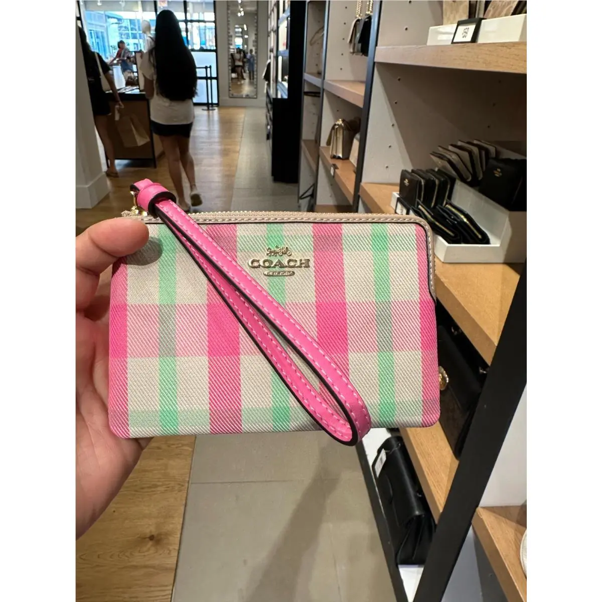 Coach Corner Zip Wristlet with Plaid Print Pink Green
