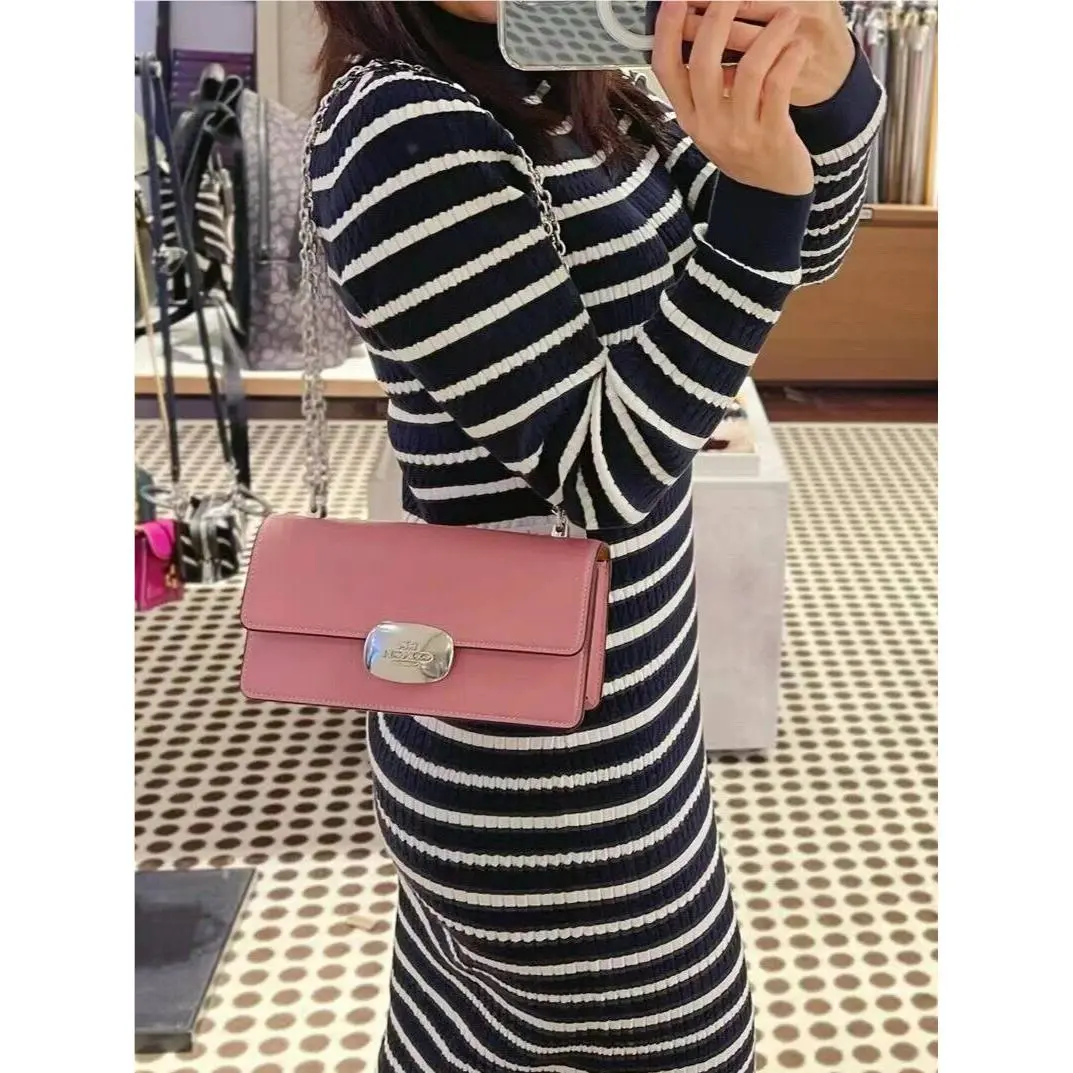 Coach Smooth Leather Eliza Flap Crossbody In True Pink Silver CP008