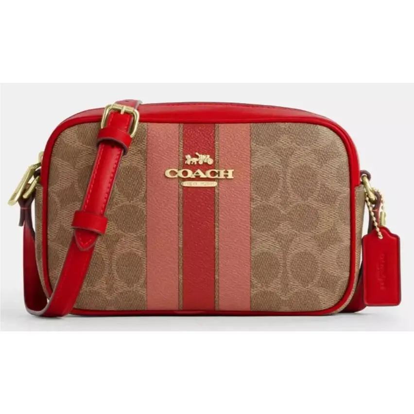 Coach Mini Jamie Camera CAQ42 Crossbody Bag Sig Stripe Canvas In Tan Multi