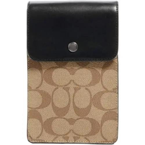 Coach Phone Crossbody IN Signature Canvas Tan Black Leather 76357