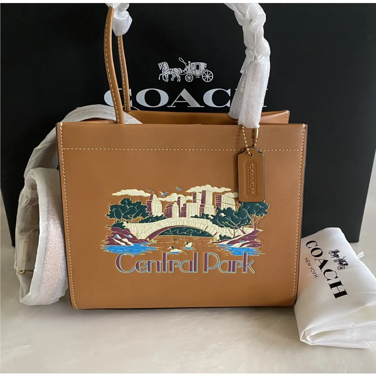 Coach Cashin Carry Tote 22 Dark Amber Leather Central Park Graphic CB114