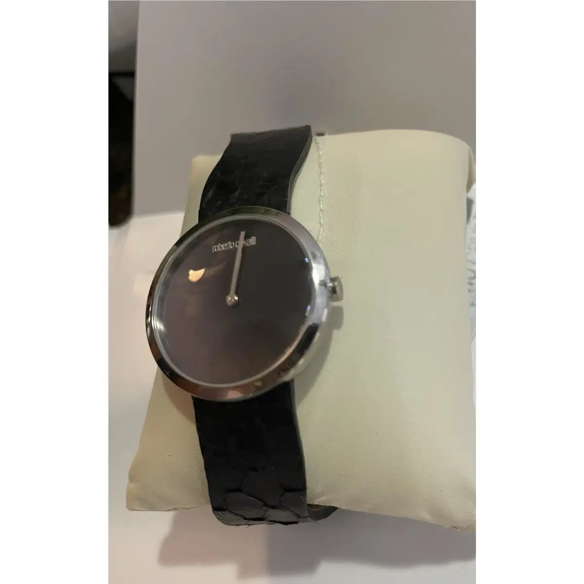 Roberto Cavalli Watch Black Leather Snake Silver Tone Case