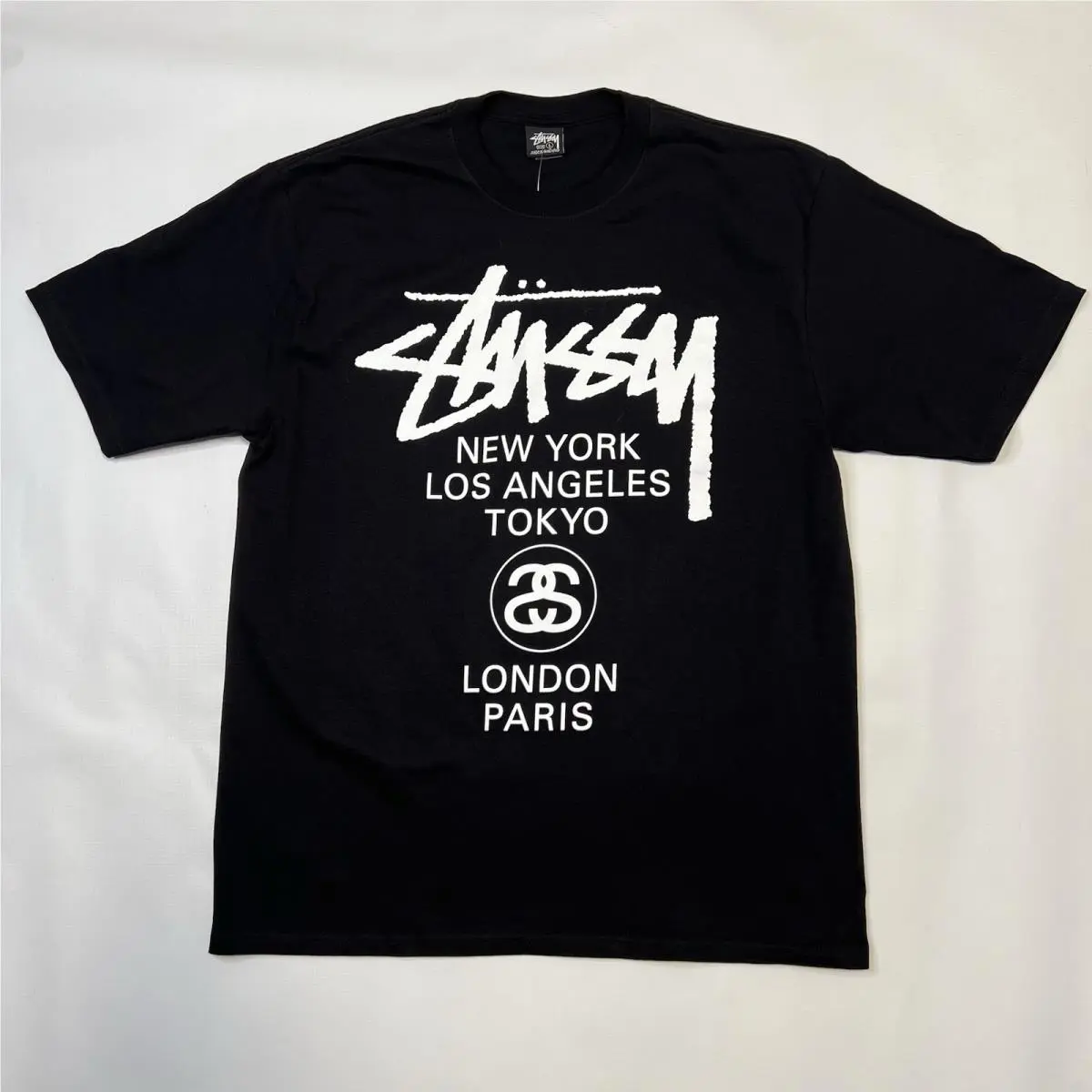 Stussy World Tour Tee Black Mens Size Large Double Sided Logo 2025