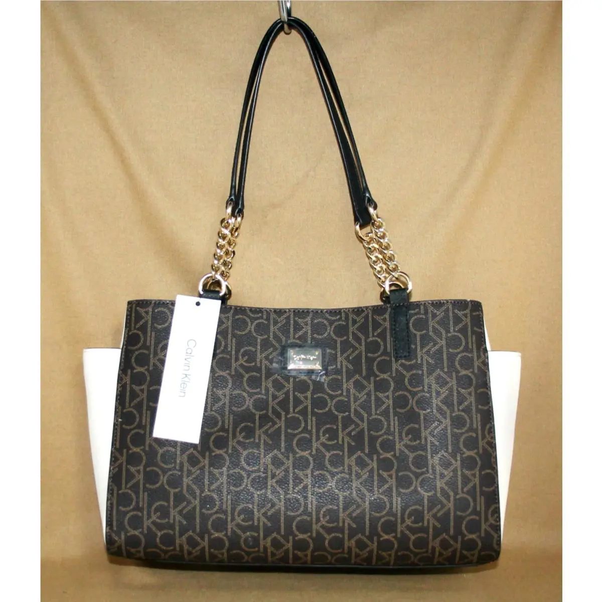 Calvin Klein Brown Signature CK Chain Handle Medium Tote Off White Colorblock