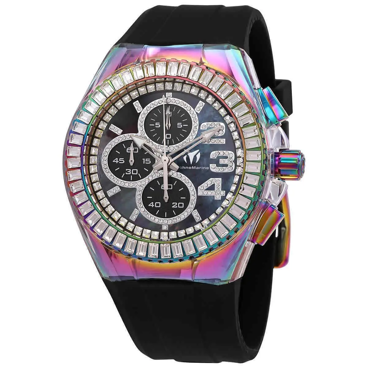 Technomarine Cruise Glitz Men`s 45mm Rainbow Crystals Chrono Watch TM-121033 - Dial: Black, Multicolor, White, Band: Black, Bezel: Blue, Green, Multicolor, Purple, White