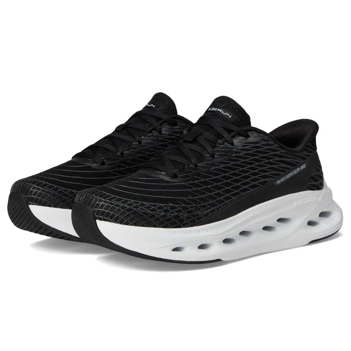 Woman`s Shoes Skechers Max Cushioning Glide Step Sapphire Hands Free Slip-ins - Black/White