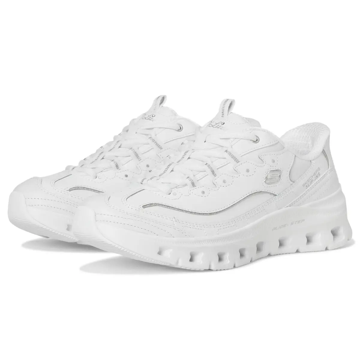 Woman`s Shoes Skechers Glide-step Pro Timeless Twist Hands Free Slip-ins - White Silver