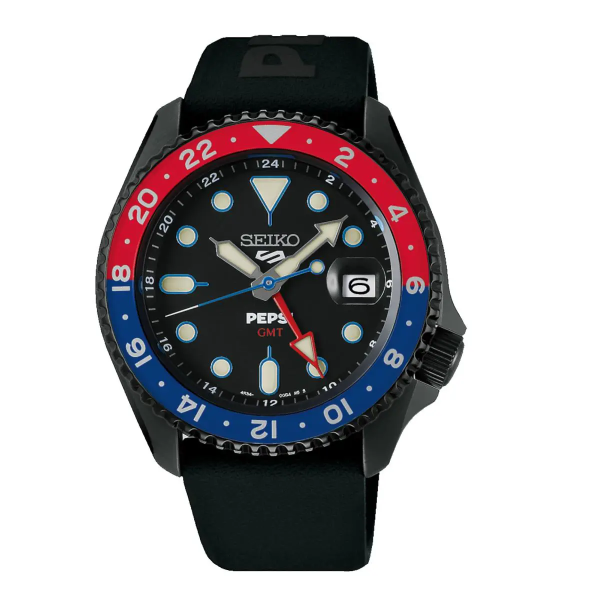 Seiko SSK047 5 Sports X Pepsi Gmt Limited 42.5 mm Steel Automatic Men`s Watch - Dial: Black, Band: Black, Bezel: Blue, Red
