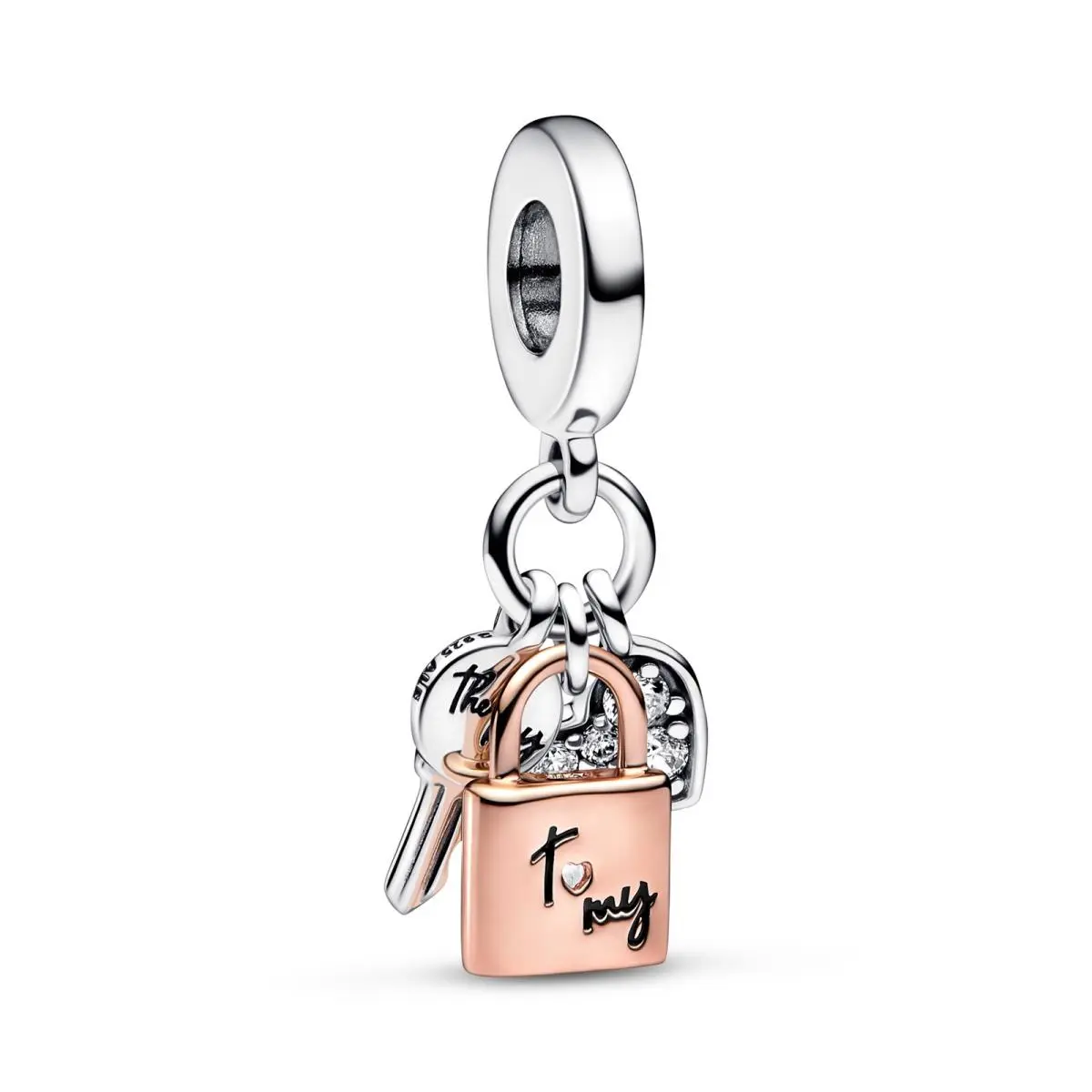 Pandora Two-tone Key Padlock Heart Triple Dangle Charm 782506C01