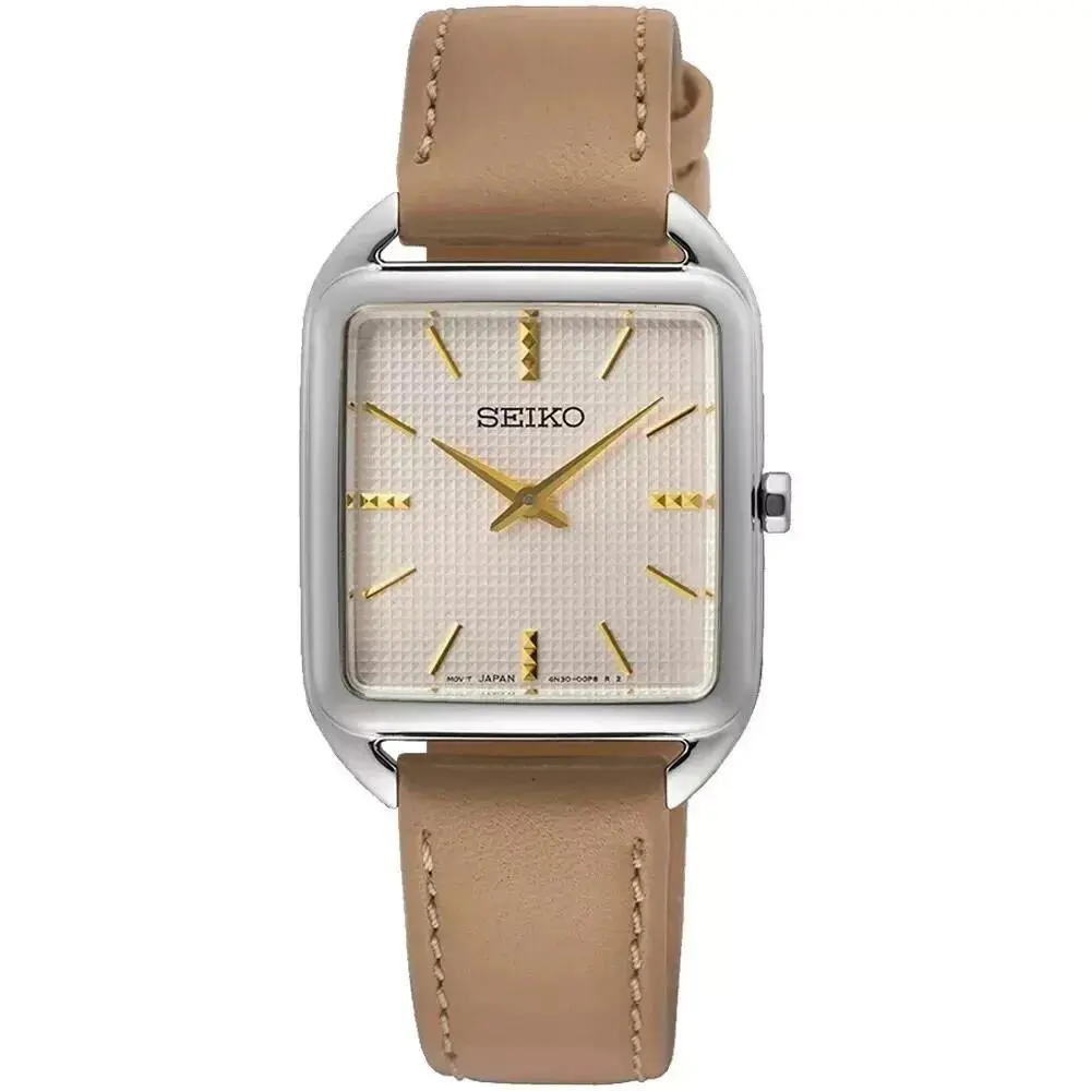 Seiko Women`s Quartz Rectangular Cream Dial Gold Lt Brown Leather Watch SWR089