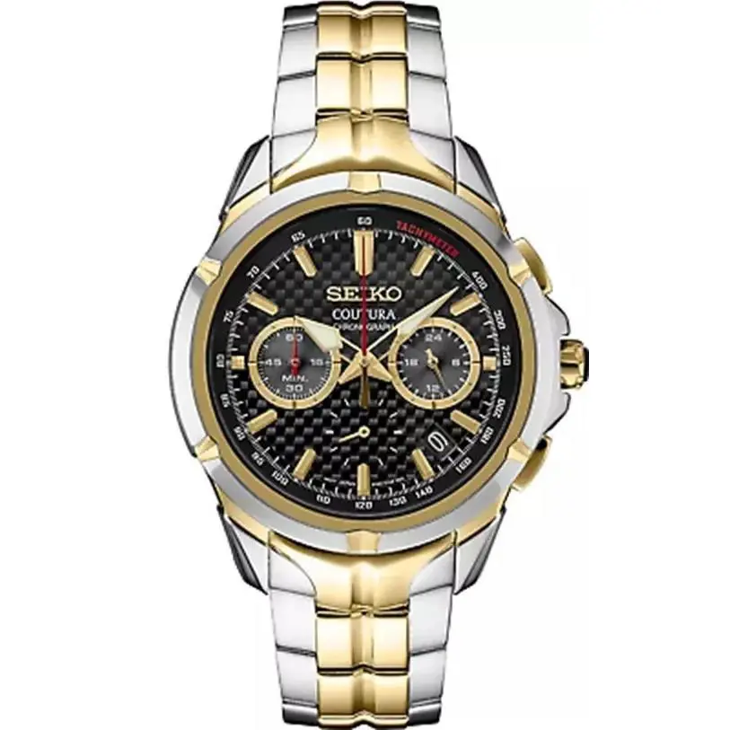 Seiko SSB434 Coutura Chronograph Carbon-fiber Patterned Black Dial Men`s Watch - Dial: Black, Band: Silver & Gold