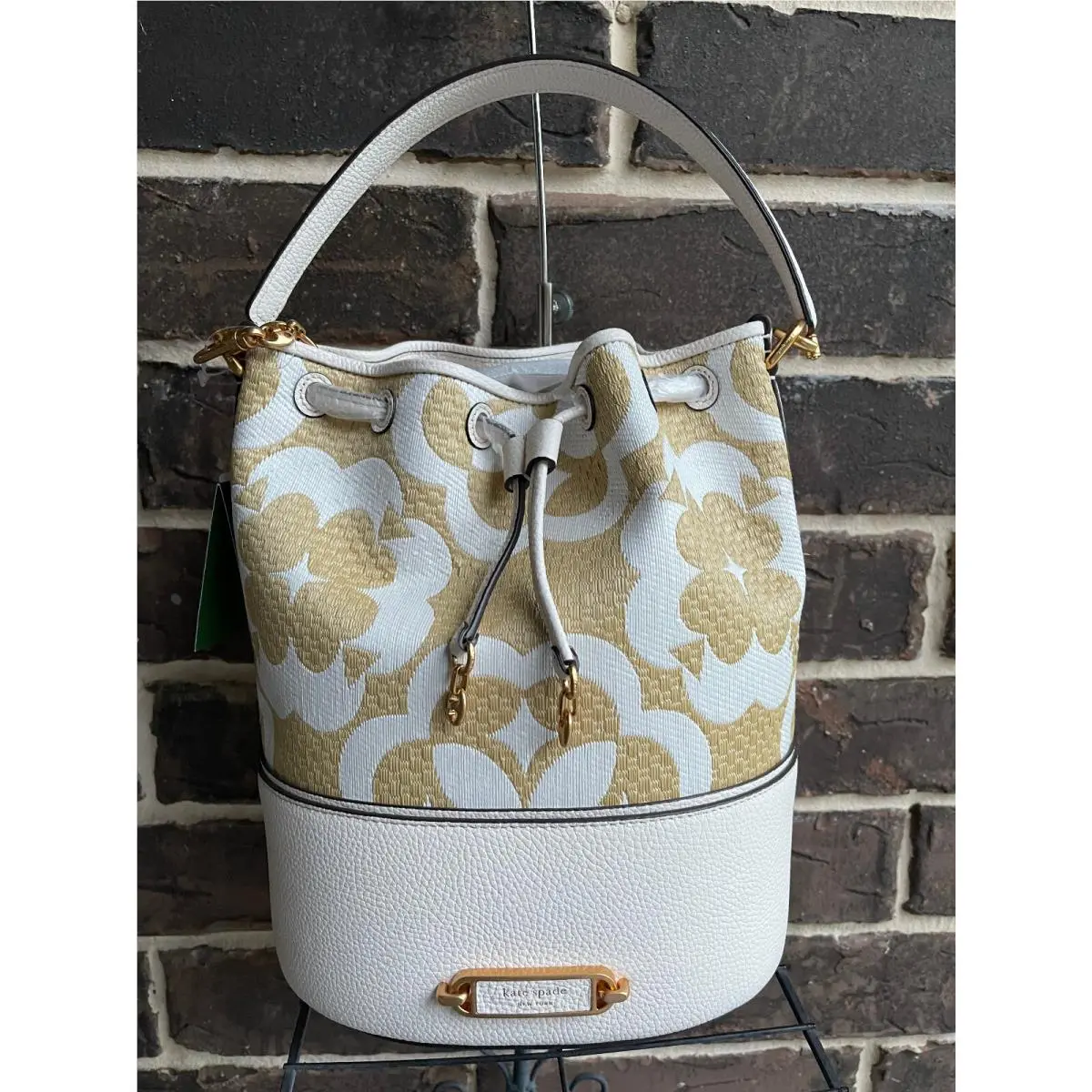Kate Spade Flower Monogram Raffia Gramercy Medium Bucket Bag Cream Mult