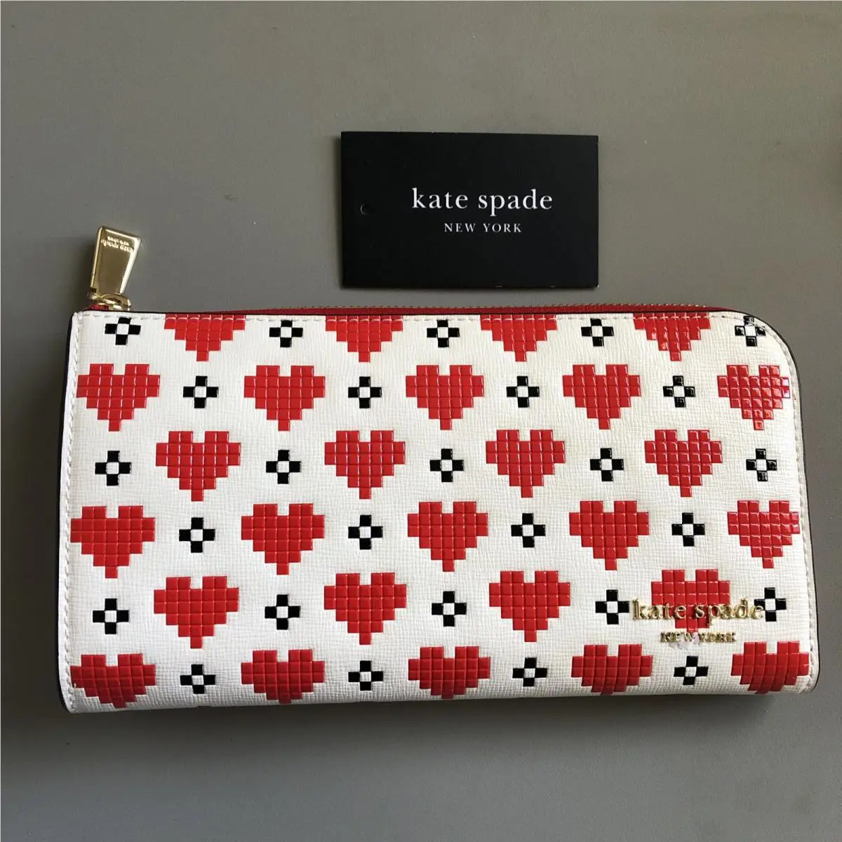 Kate Spade Devin Pixel Hearts Zip Around Continental Leather Wallet New