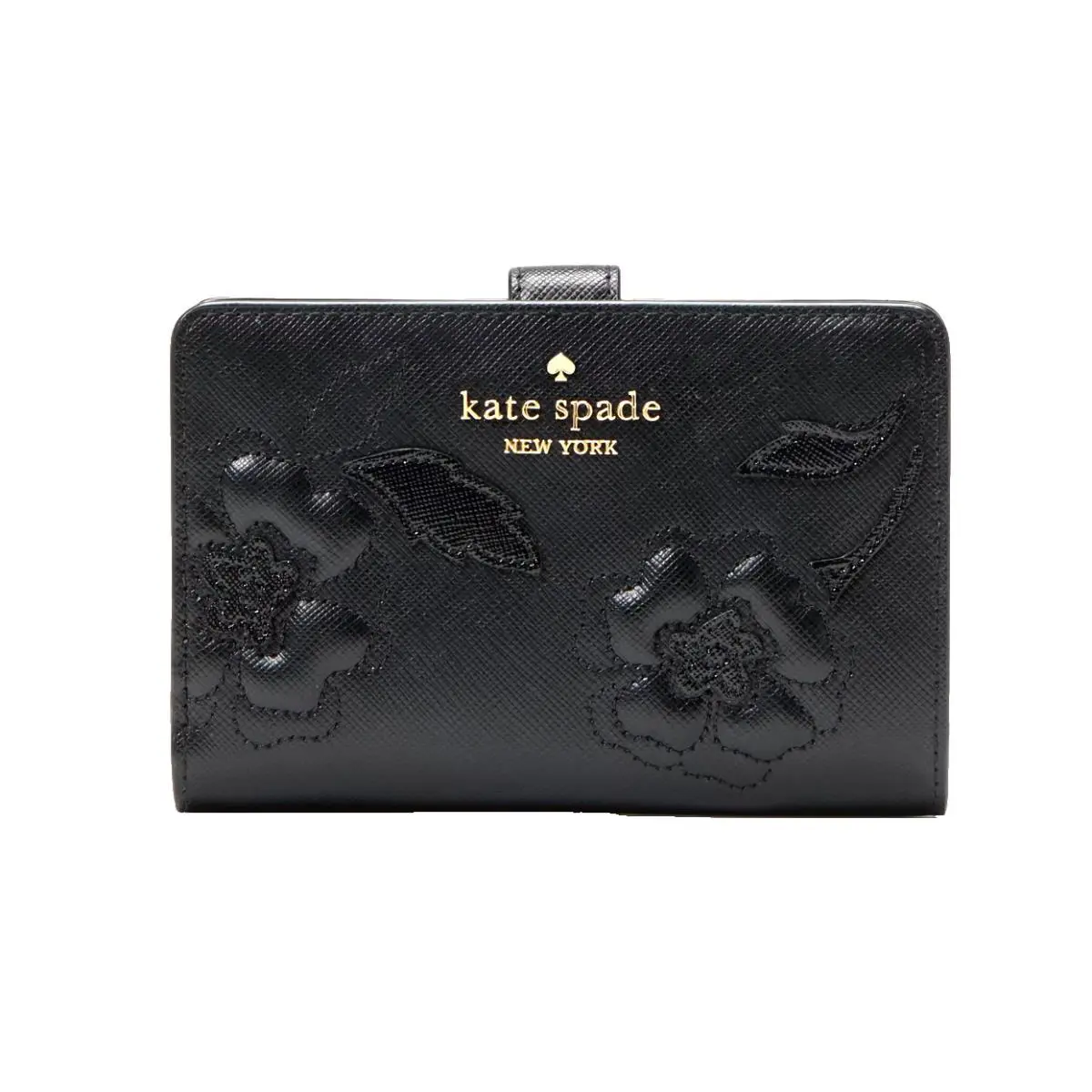 New Kate Spade Madison Floral Applique Medium Bifold Wallet Leather Black