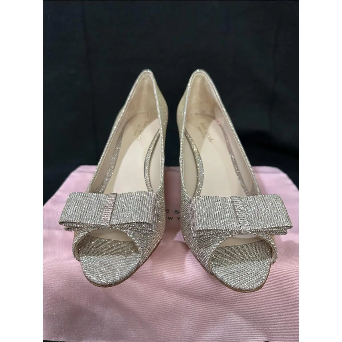 “cecilia” Rose Gold Sparkle Peep Toe W/bow 9M + Dust Bag by Kate Spade