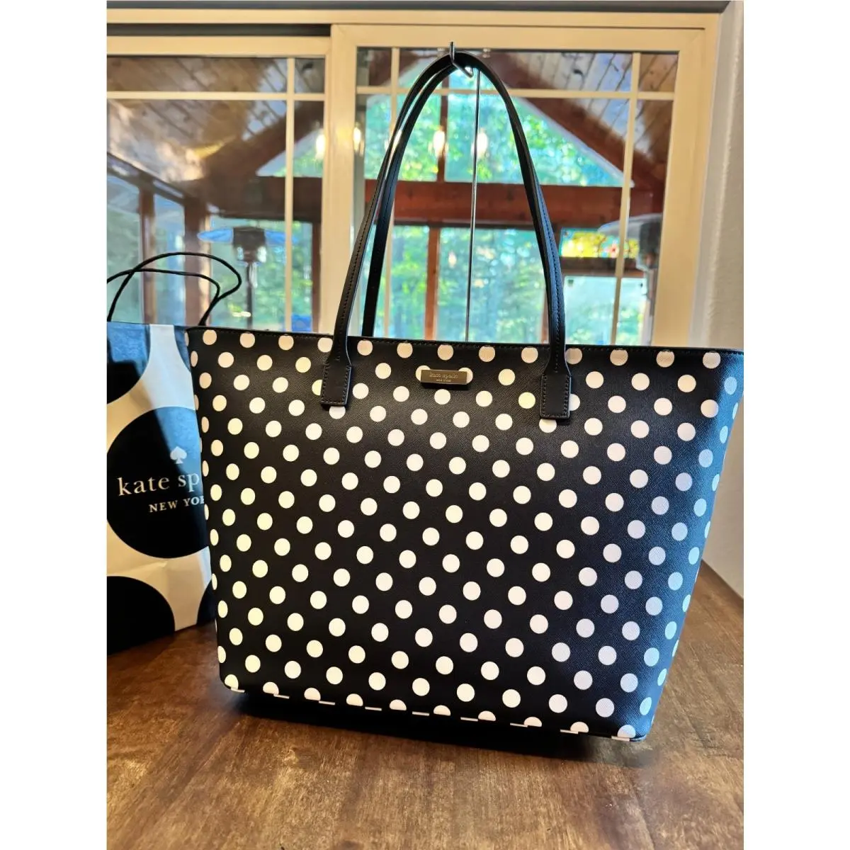 Kate Spade Shore Street Margareta Tote Blue White Deco Beige Picture Polka Dot