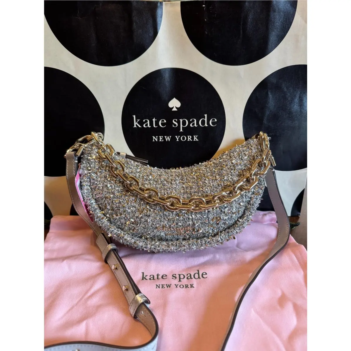 New Kate Spade Smile Small Metallic Tweed Chain Shoulder Crossbody Clutch Silver