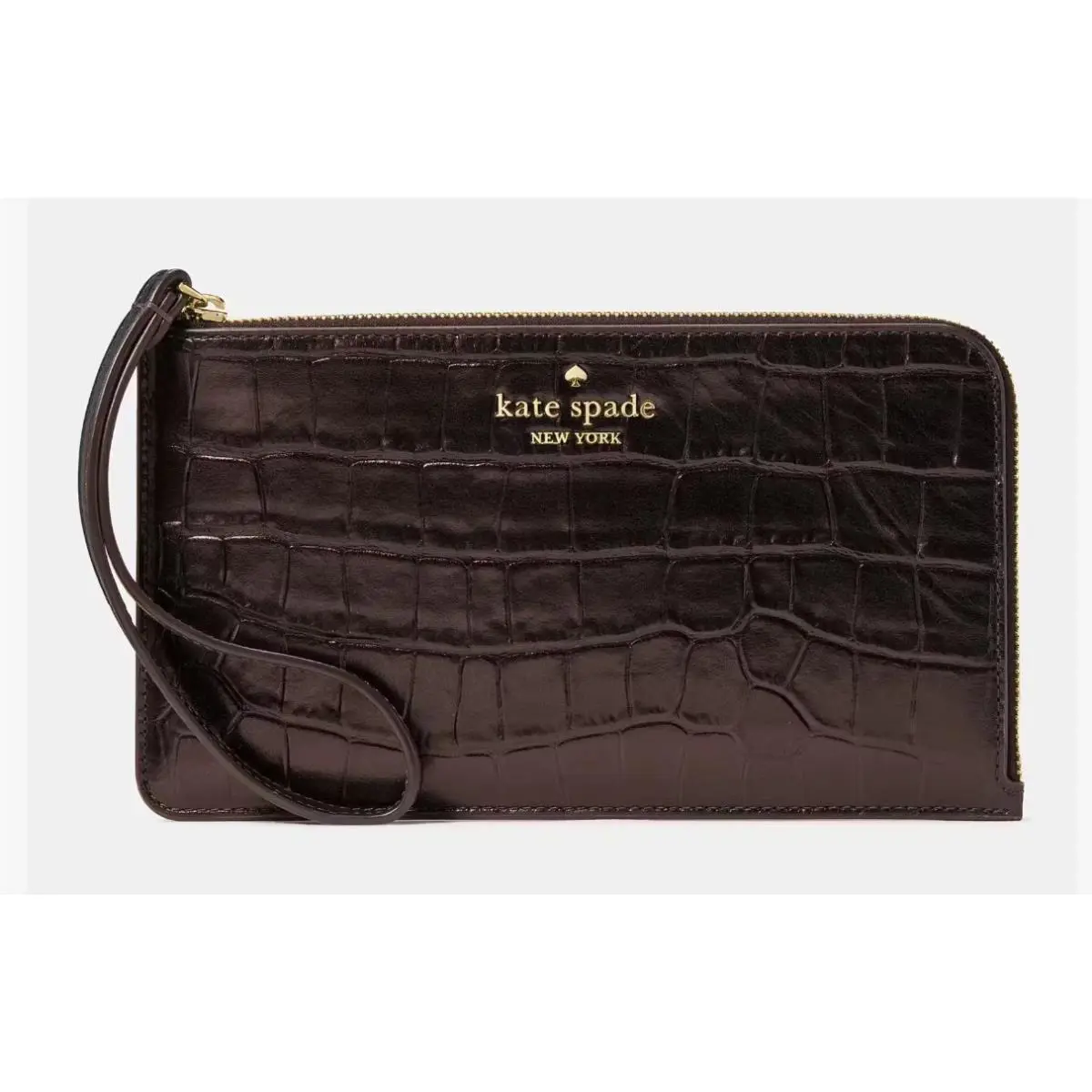 Kate Spade Lucy Croc Embossed Medium L-zip Brown Leather Wristlet KM601