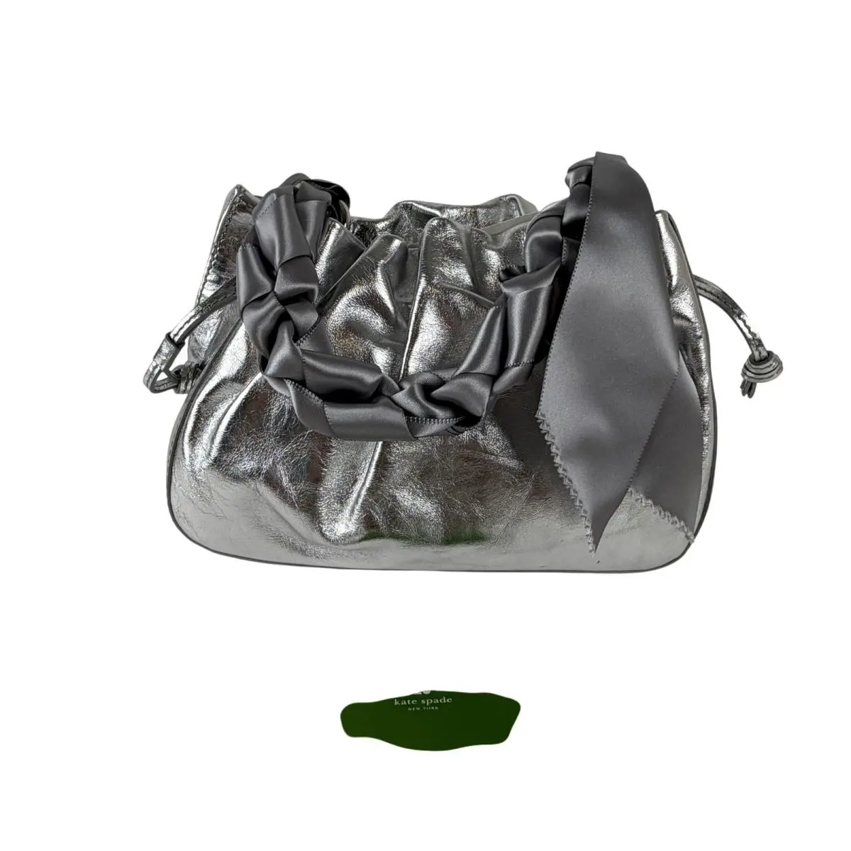 Kate Spade Shoulder Bag Womens Silver Metallic Drawstring Satin Braid Handle