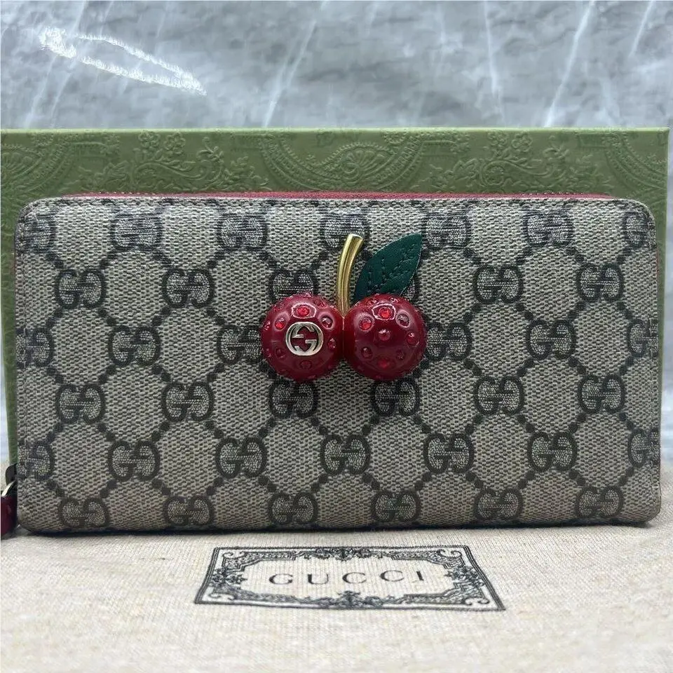 Gucci Cherry Leather Long Wallet Zip Canvas Cherrie GG Fruit Italy Beige Red