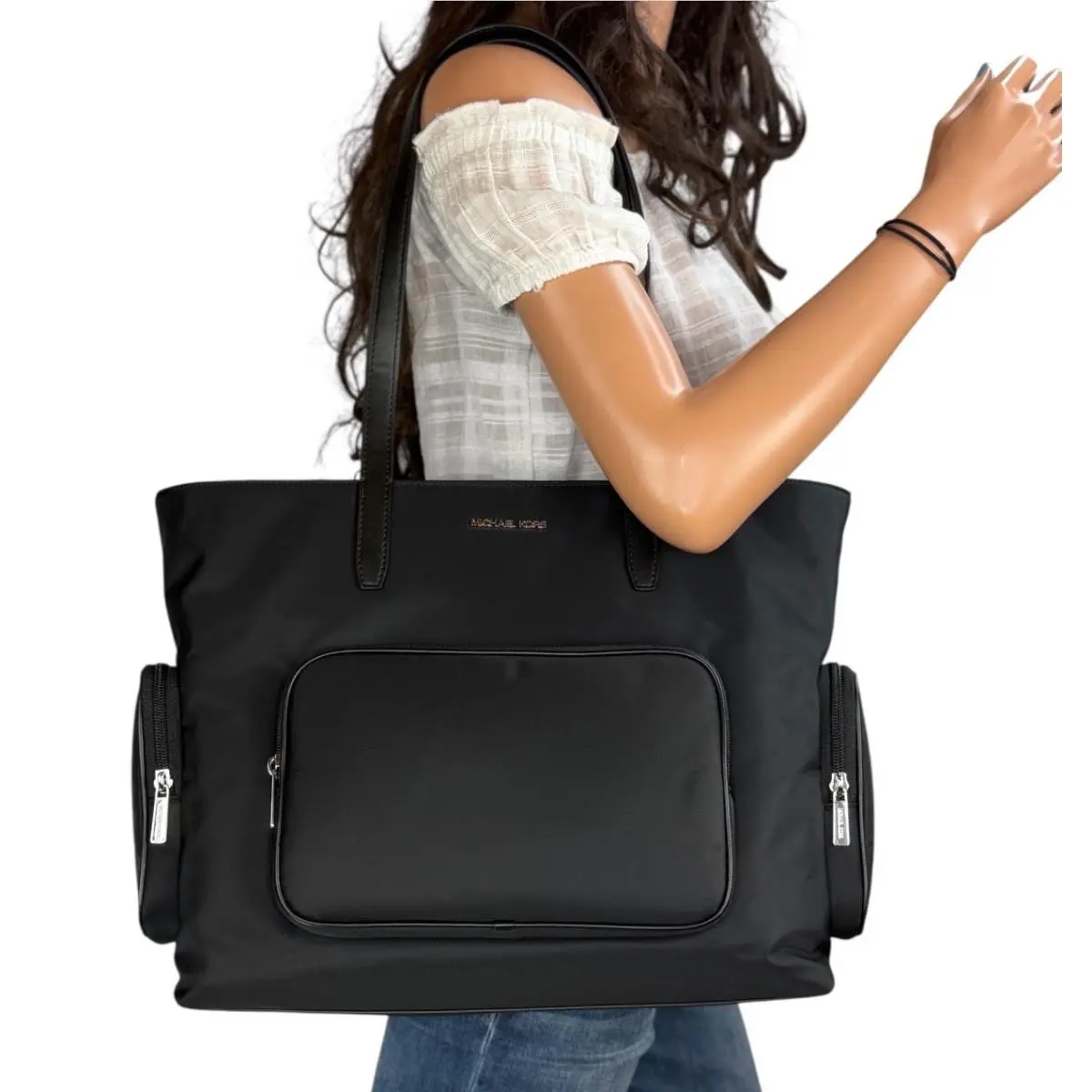 Khai Large Multifunction Laptop Pocket Tote Shoulder Nylon Bag Black by Michael Kors
