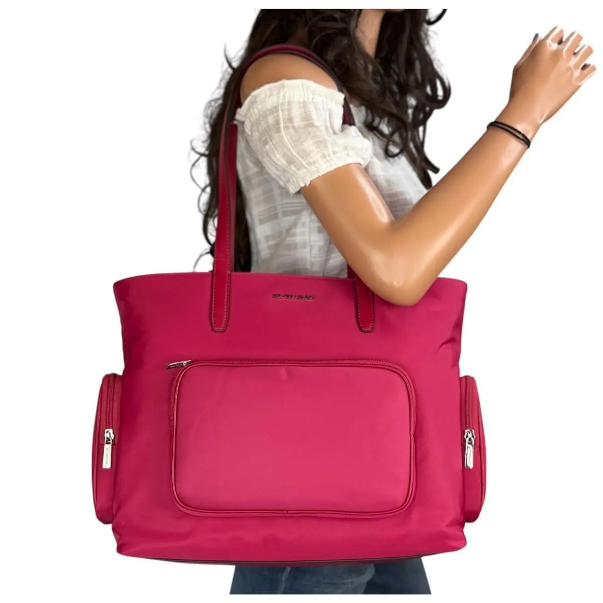 Khai Large Multifunction Laptop Pocket Tote Shoulder Nylon Bag Dark Raspberry by Michael Kors