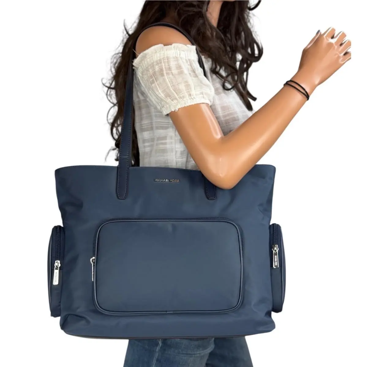 Khai Large Multifunction Laptop Pocket Tote Shoulder Nylon Bag Navy by Michael Kors