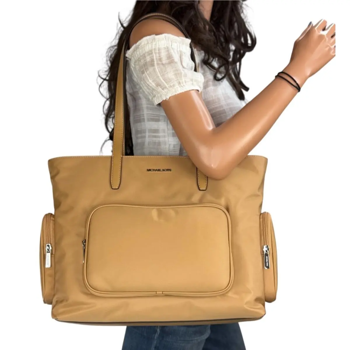 Khai Large Multifunction Laptop Pocket Tote Shoulder Nylon Bag Peanut by Michael Kors