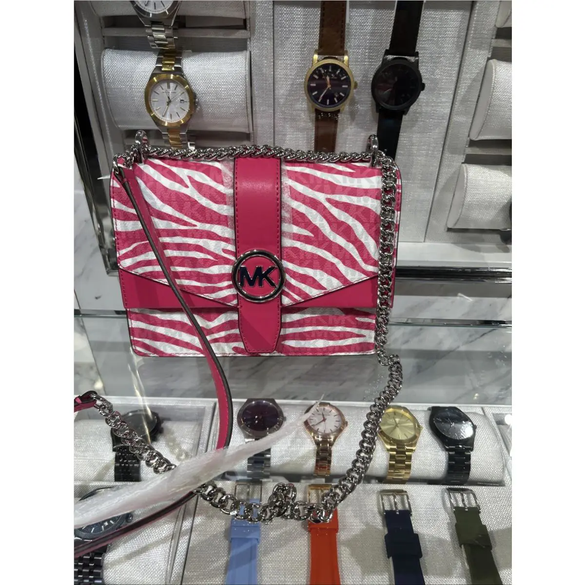 Greenwich Flap Crossbody Pink White Zebra Stripe Bag by Michael Kors