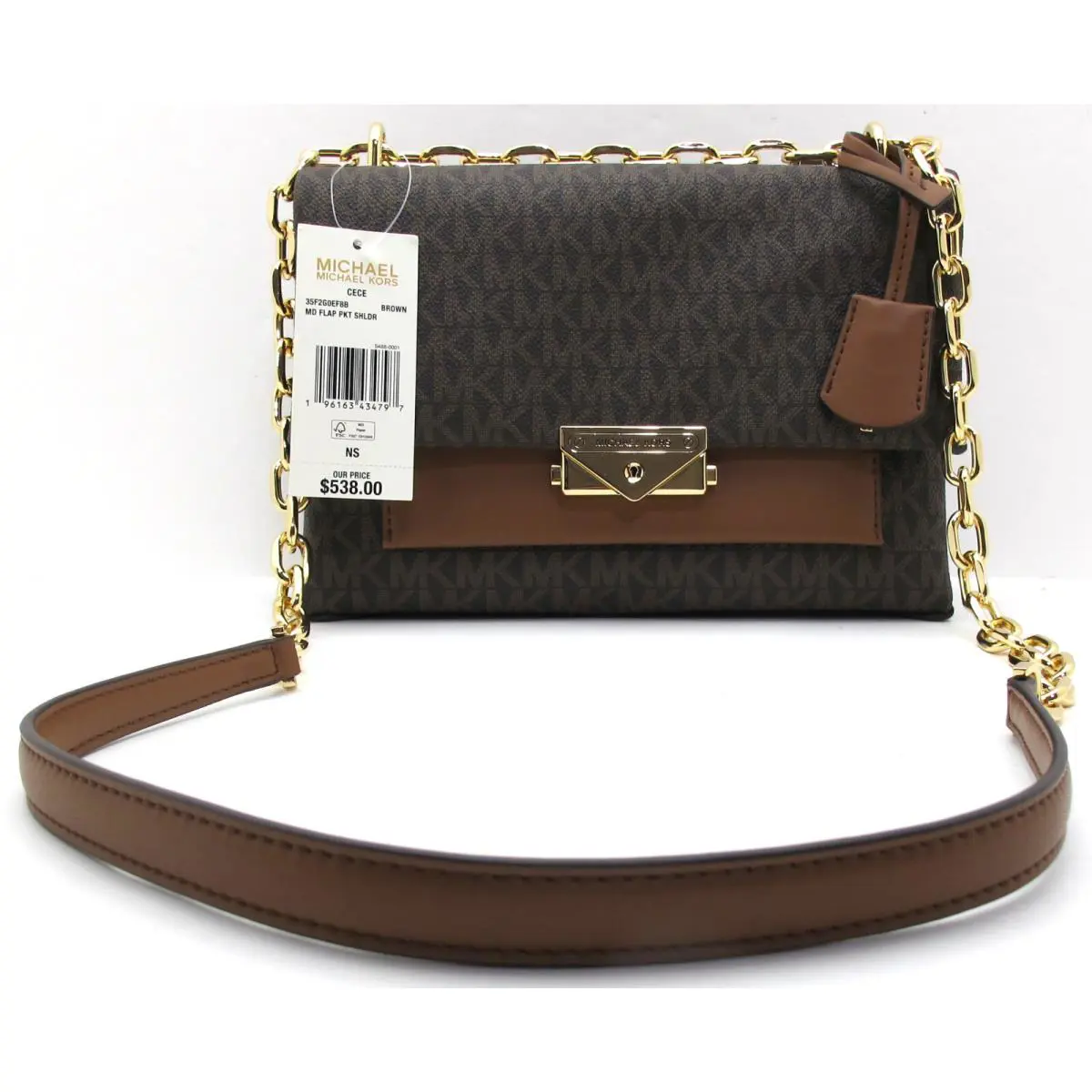 Michael Kors Cece MD Flap Pocket Shoulder MK Monogram Crossbody Brown