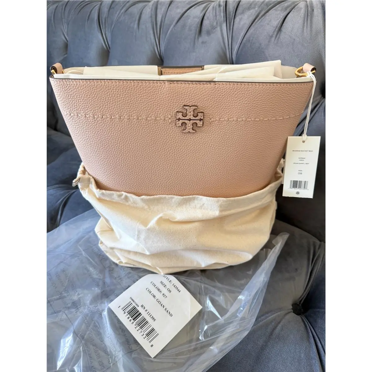 Tory Burch Mcgraw Bucket Bag Pebbled Leather Goan Sand Top Handle Crossbody