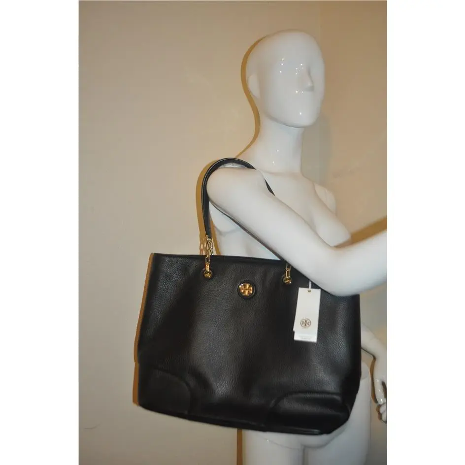 Tory Burch Whipstitch Logo Tote Shoulder Bag Purse Black Leather