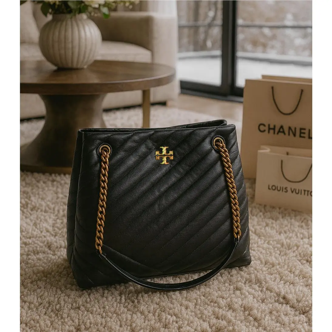 Tory Burch Kira Chevron Black Quilted Leather Chain Strap Shopper Tote Bag