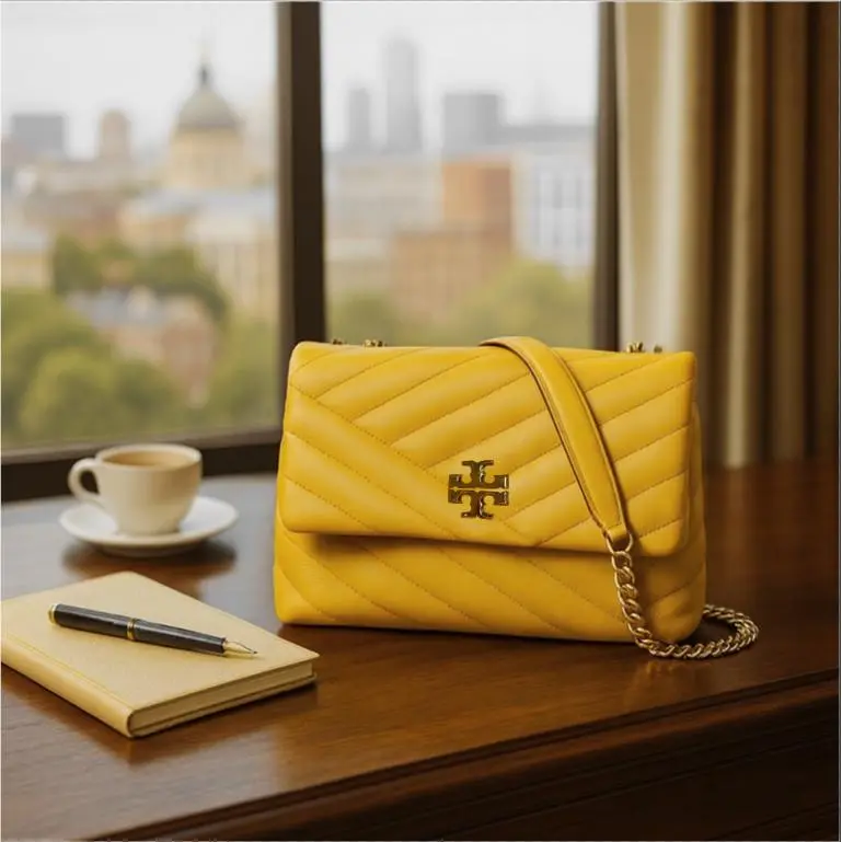 Tory Burch Kira Chevron Yellow Leather Small Convertible Shoulder Bag