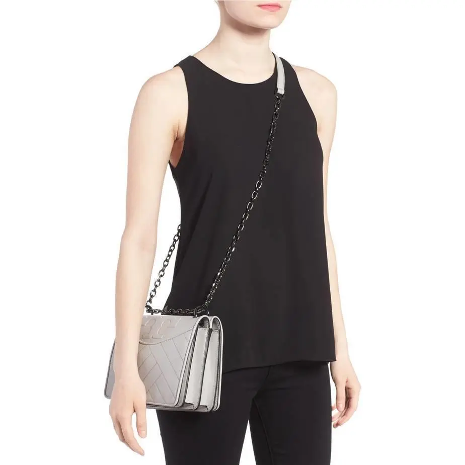 Tory Burch Chevron Alexa Leather Crossbody Shoulder Bag Concrete Grey