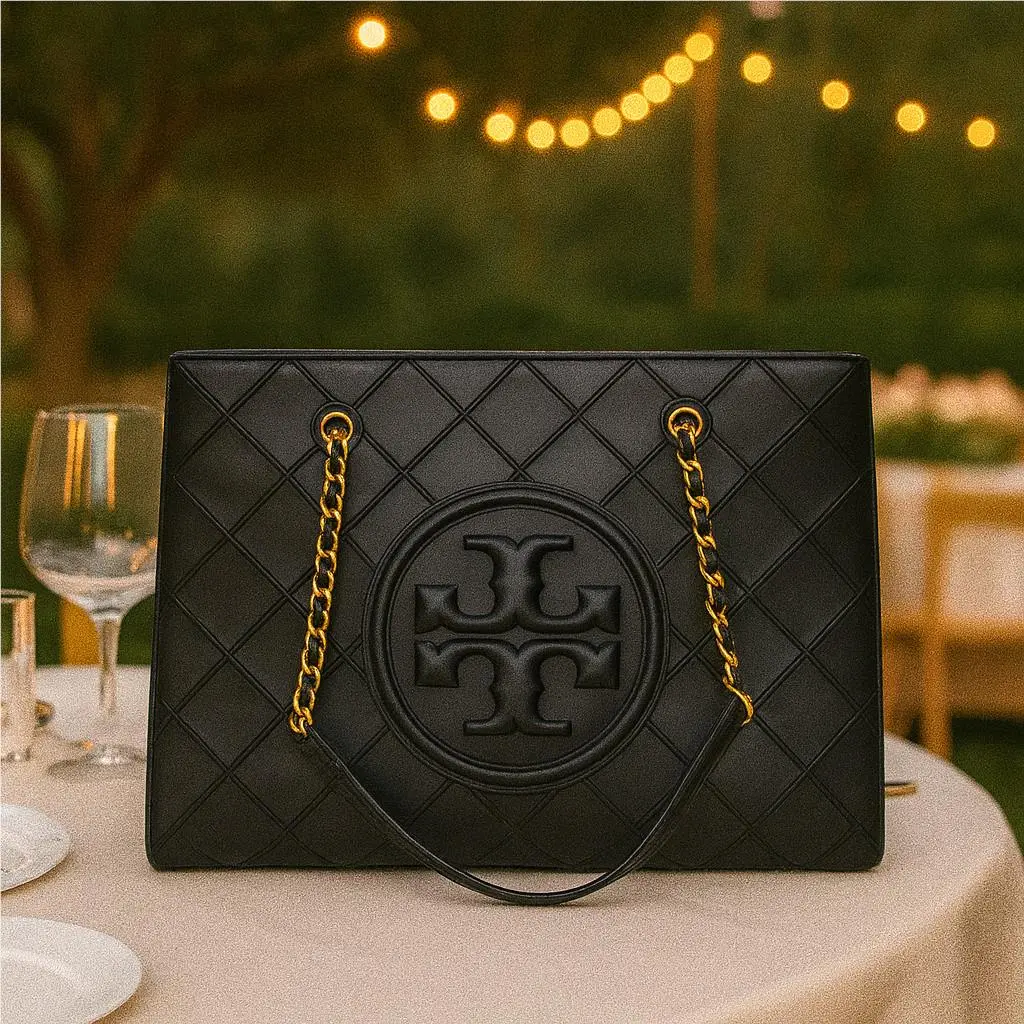 Tory Burch Soft Fleming Chain Black Quilted Leather Tote/shoulder Bag