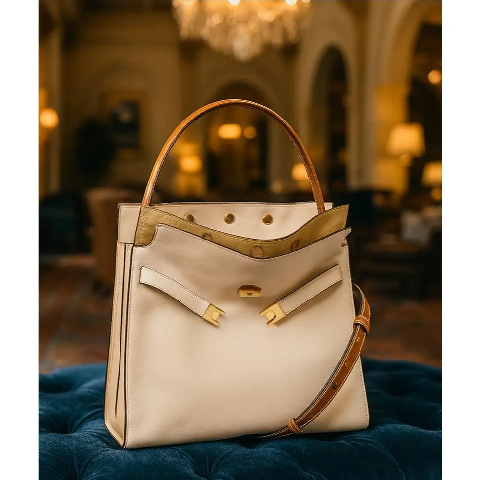 Tory Burch Lee Radziwill Double Cream Leather Bag - Removable Strap