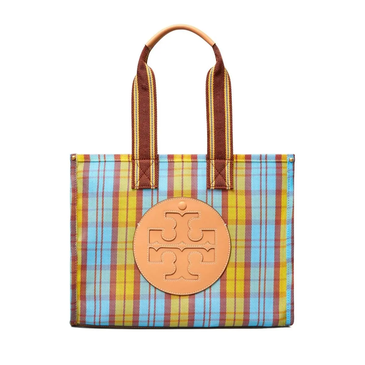 Tory Burch Women`s Ella Mesh Small Market Tote Bag Yellow / Blue Plaid 84845