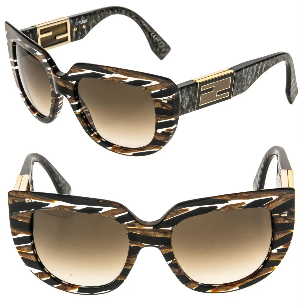 Fendi FF0031S 0031 Baguette Brown Stripe Tobacco Marble Sunglasses Flip Logo