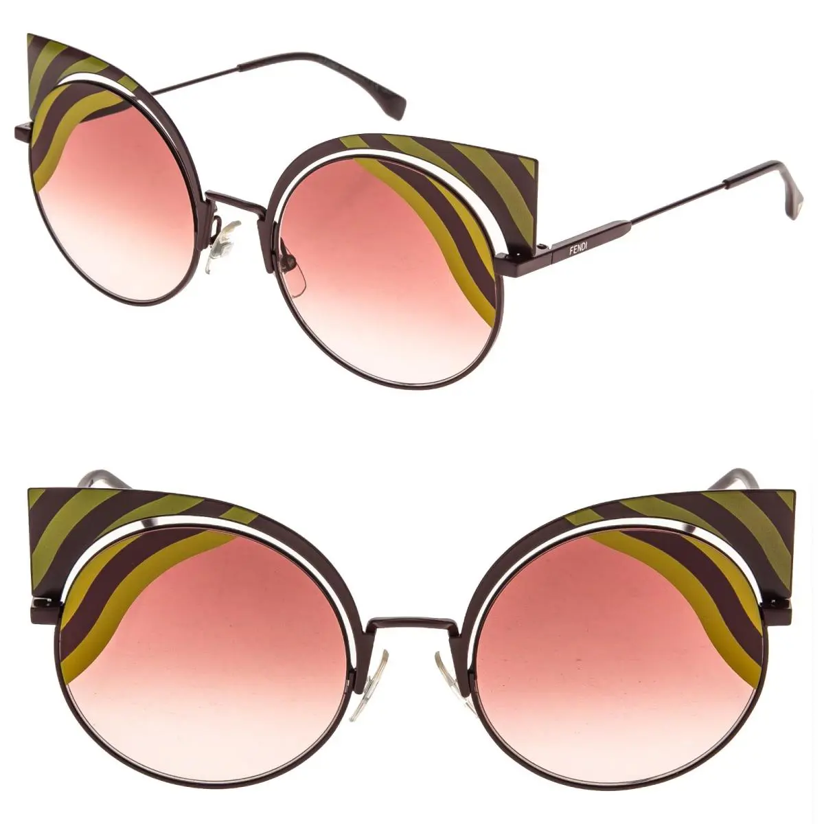 Fendi 0215 Hypnoshine FF0215S Burgundy Pink Gold Wave Metal Sunglasses Cat Eye