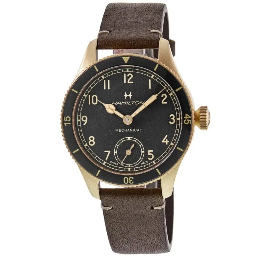Hamilton Khaki Aviation Pilot Pioneer Mechanical Men`s Watch H76709530 - Face: Black, Dial: Black, Band: Brown