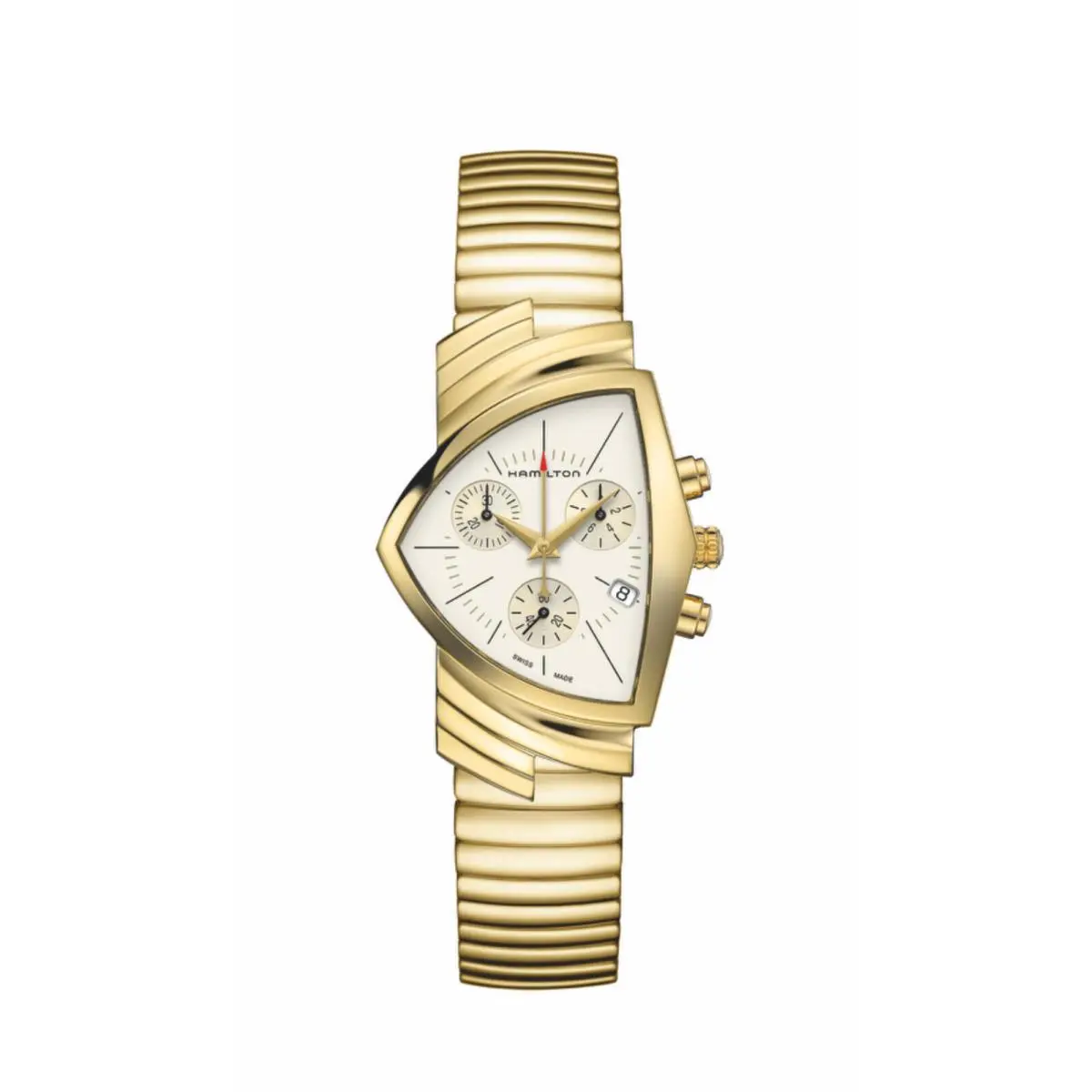 Hamilton H24422151 Ventura Chrono Gold Steel 32 mm Flex Band Quartz Wrist Watch - Dial: Silver, Band: Gold, Bezel: Gold