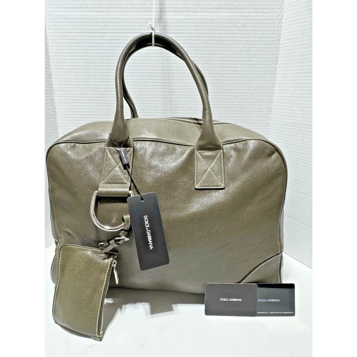 Dolce Gabbana Miss Ice Large Olive Green Leather Zip Pouch Tote Bag Handbag