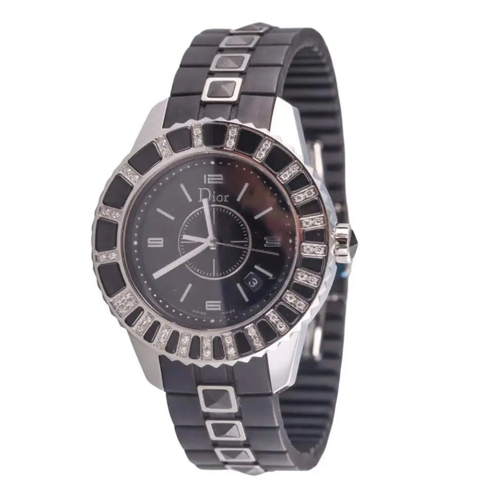 Christian  Christal Black Rubber Diamond Steel Watch CD113115R001 by Dior