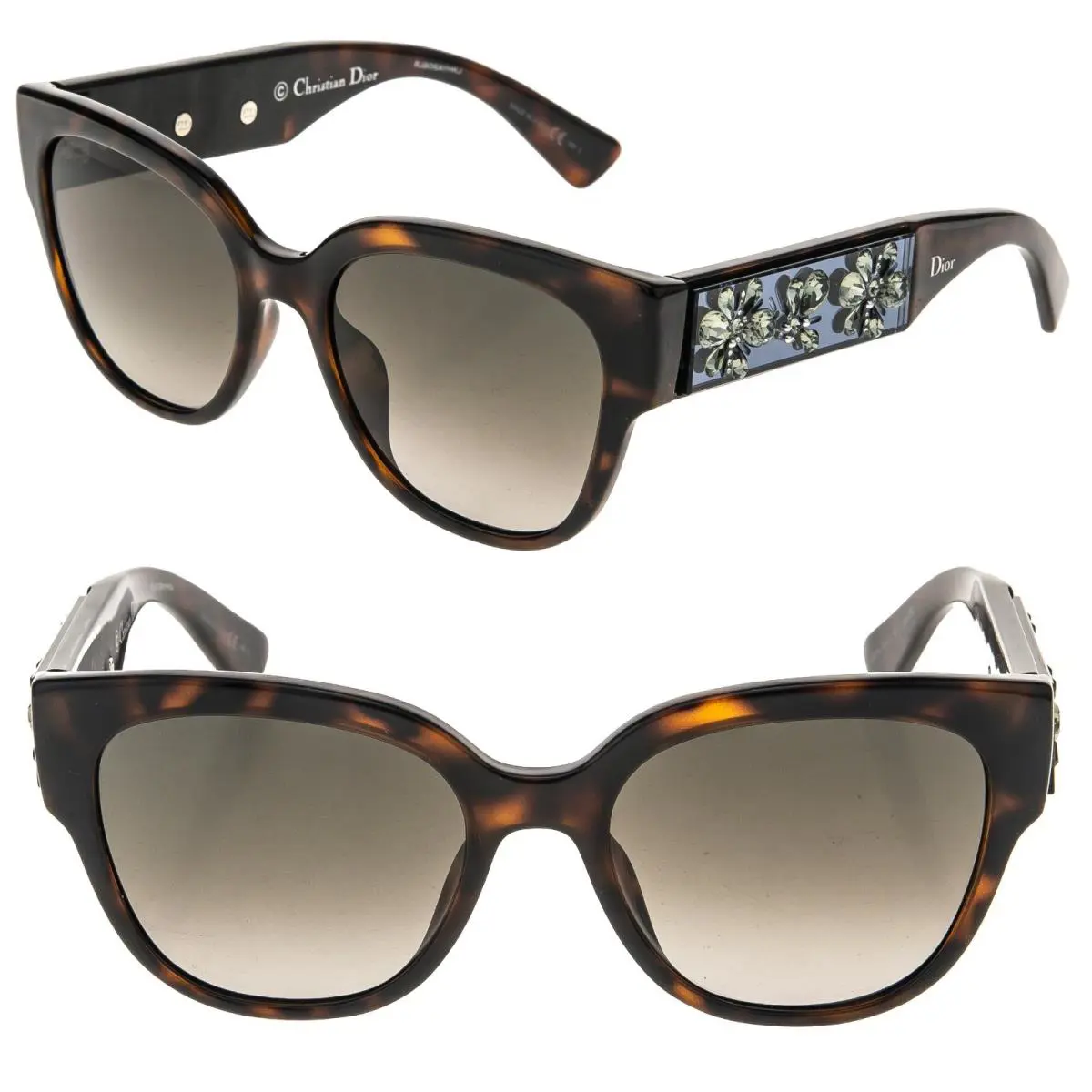Christian  Mercurial Brown Havana Glass Crystal Floral Mirror Sunglasses by Dior