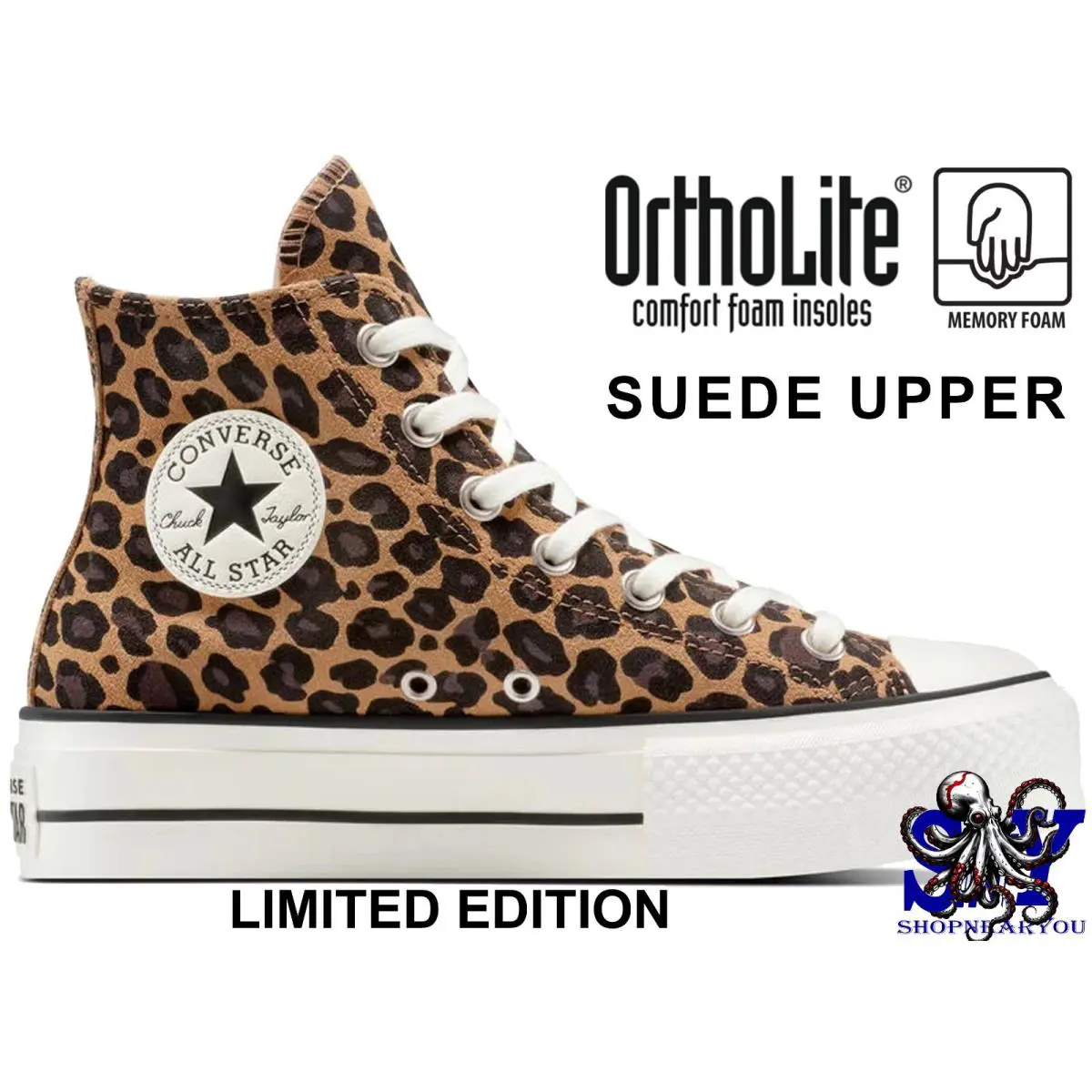Converse Women`s Chuck Taylor Lift Platform Leopard Suede Sneakers Shoes - Brown